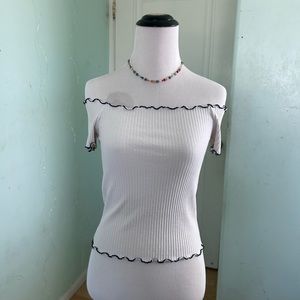 White Ribbed Off The Shoulder Lettuce Trim Zara Top